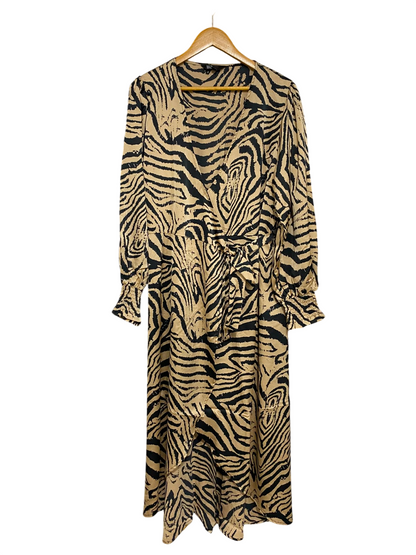 FRIENDS LIKE THESE |L| BUST 21| A27| BLACK & BEIGE ZEBRA PRINT WRAP-STYLE LONG-SLEEVE MIDI DRESS