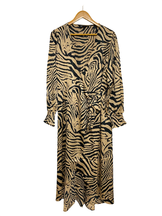 FRIENDS LIKE THESE |L| BUST 21| A27| BLACK & BEIGE ZEBRA PRINT WRAP-STYLE LONG-SLEEVE MIDI DRESS