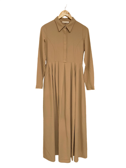 ABACI |M| BUST 17| A27| CLASSIC CAMEL / BEIGE COLLARED PLEATED LONG-SLEEVE MIDI DRESS