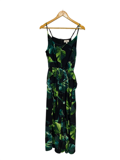 APRICOT |M| BUST 15| A27| BLACK & GREEN TROPICAL MONSTERA LEAF CAMI JUMPSUIT