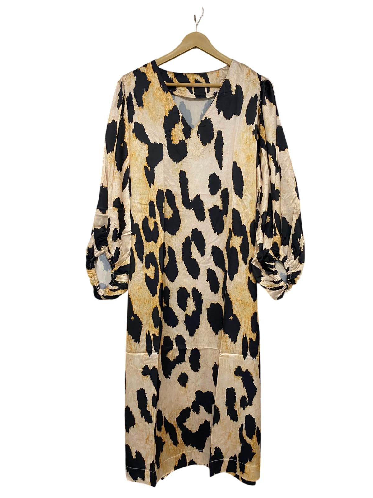 |L| BUST 22| A27| BOLD LEOPARD PRINT V-NECK LONG-SLEEVE MIDI DRESS