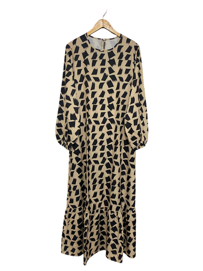 |XL| BUST 22| A27| BEIGE & BLACK ABSTRACT GEOMETRIC LONG-SLEEVE MIDI DRESS