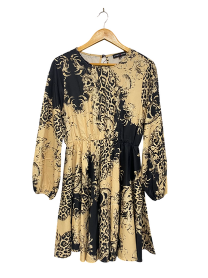 CAMEO ROSE |M| BUST 18| A27| BLACK & BEIGE BAROQUE ANIMAL PRINT LONG-SLEEVE MINI DRESS
