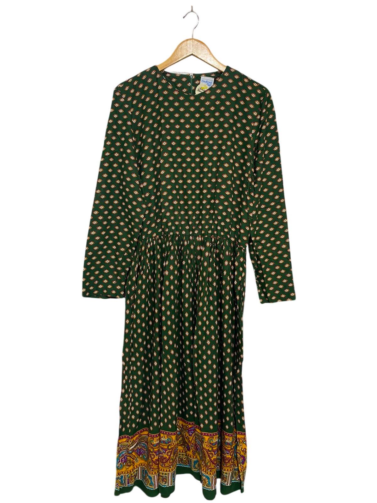 BEDFORD FAIR |L| BUST 19| A27| FOREST GREEN & MULTICOLOR BORDER-PRINT LONG-SLEEVE MIDI DRESS