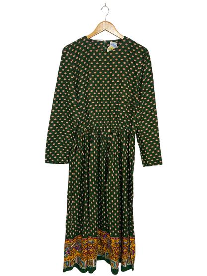 BEDFORD FAIR |L| BUST 19| A27| FOREST GREEN & MULTICOLOR BORDER-PRINT LONG-SLEEVE MIDI DRESS