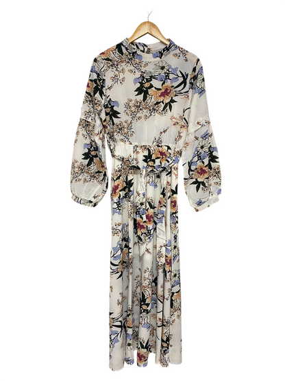 SHEIN |L| BUST 19| A27| WHITE & MULTICOLOR FLORAL HIGH-NECK TIE-WAIST LONG-SLEEVE MIDI DRESS