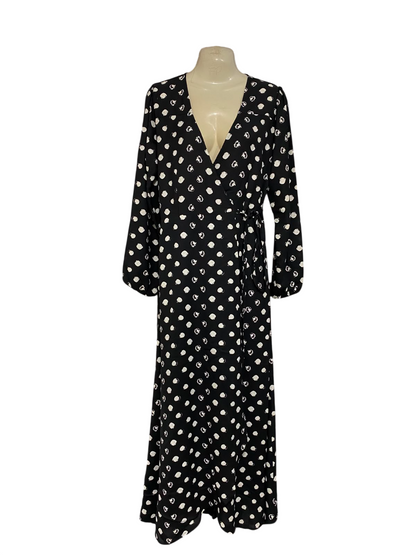 DACING LEOPARD |L| BUST 19| A27| BLACK & WHITE ABSTRACT SPOT WRAP-STYLE LONG-SLEEVE MIDI DRESS