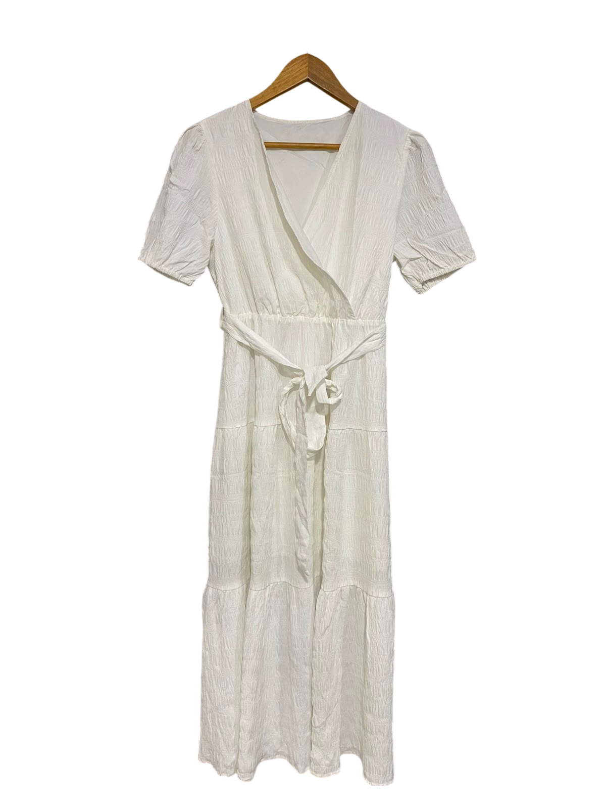 SHEIN |M| BUST 17| A27| CRISP WHITE V-NECK TIE-WAIST SHORT-SLEEVE MIDI DRESS