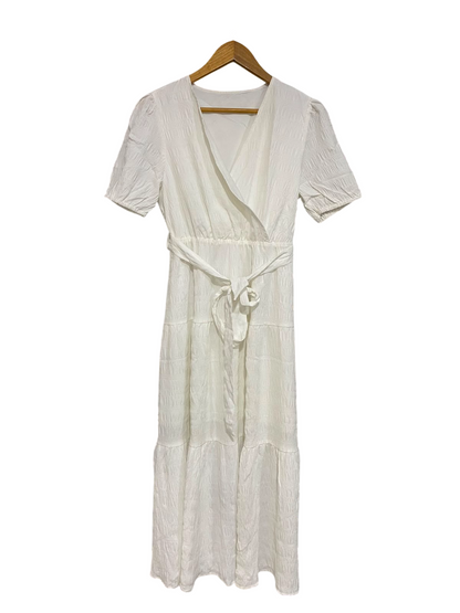 SHEIN |M| BUST 17| A27| CRISP WHITE V-NECK TIE-WAIST SHORT-SLEEVE MIDI DRESS