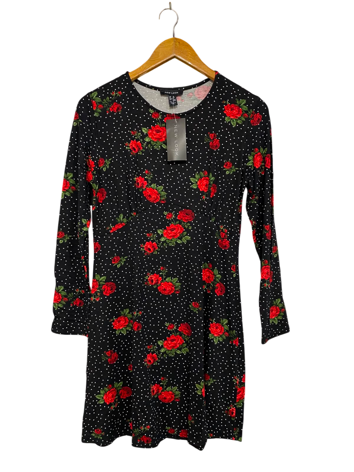NEW LOOK |M| BUST 15| A27| BLACK & RED ROSE FLORAL POLKA DOT LONG-SLEEVE MINI DRESS