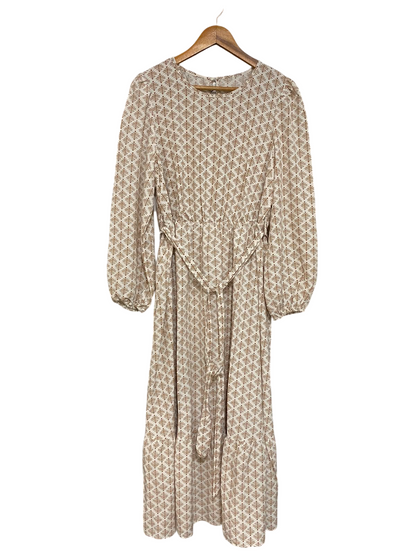 SHEIN CURVE |XL| BUST 20| A27| CREAM & BROWN GEOMETRIC PRINT TIE-WAIST LONG-SLEEVE MIDI DRESS
