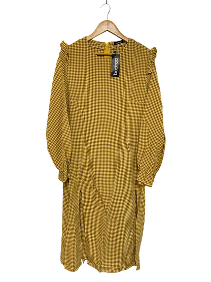 BOOHOO |L| BUST 19| A27| MUSTARD & WHITE GINGHAM RUFFLE-SHOULDER LONG-SLEEVE MIDI DRESS