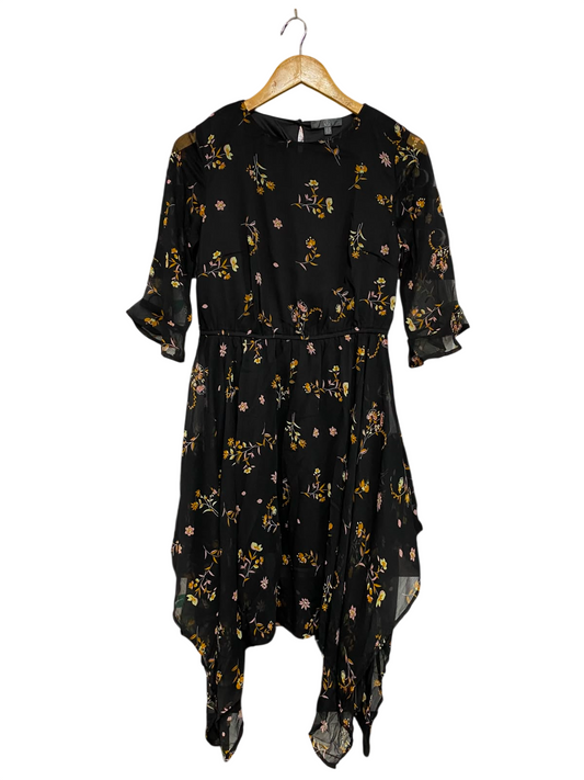 MISSGUIDED |M| BUST 17| A27| BLACK & YELLOW FLORAL HANDKERCHIEF HEM MIDI DRESS