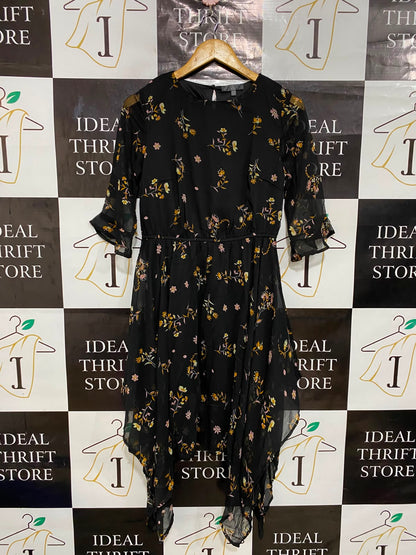 MISSGUIDED |M| BUST 17| A27| BLACK & YELLOW FLORAL HANDKERCHIEF HEM MIDI DRESS