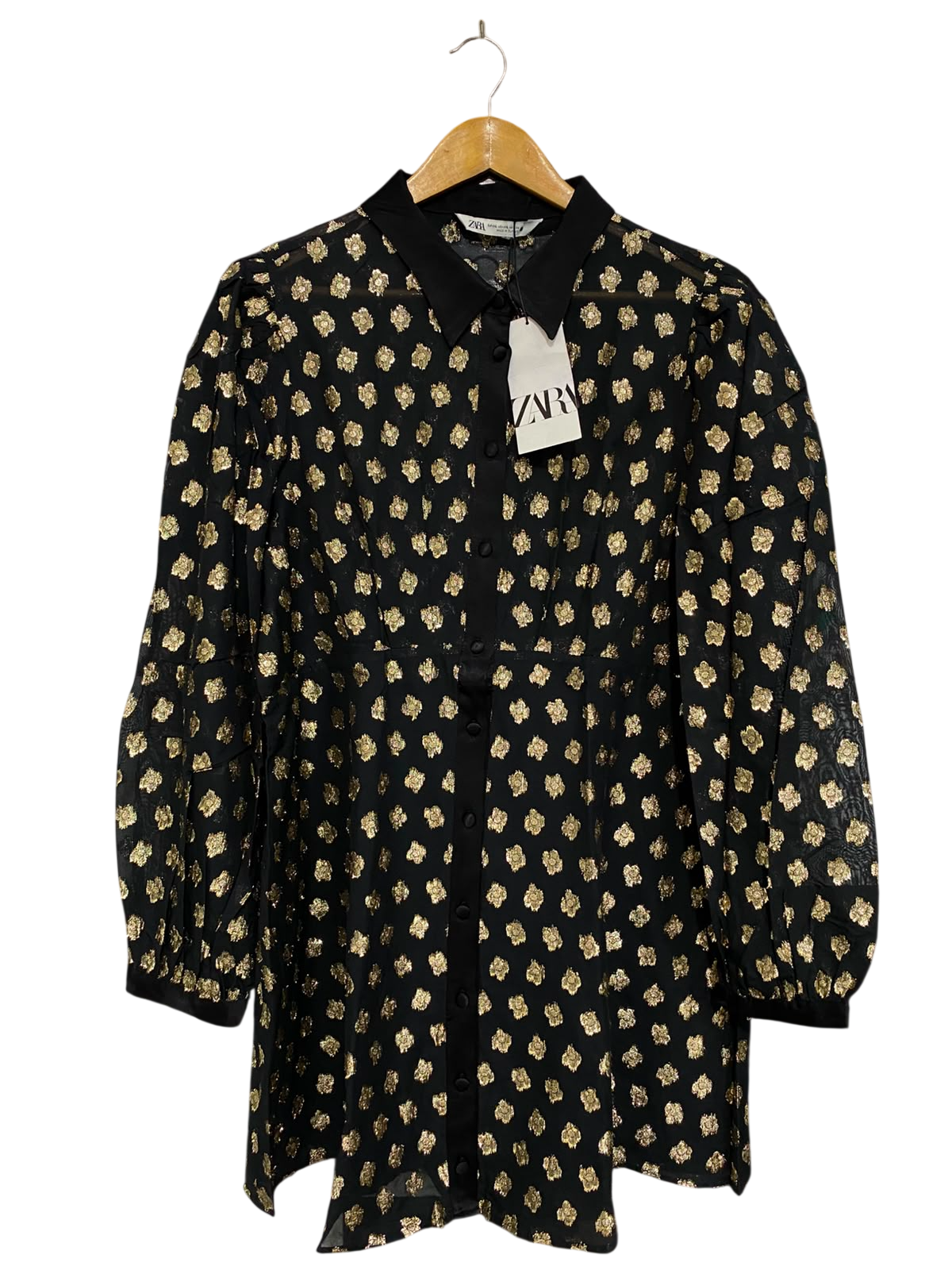 ZARA |XL| BUST 20| A27| BLACK & GOLD METALLIC JACQUARD COLLARED BUTTON-DOWN TUNIC DRESS