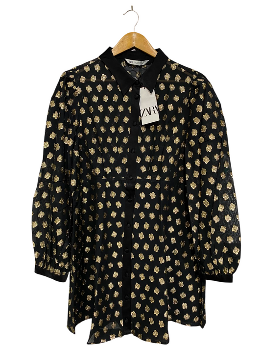 ZARA |XL| BUST 20| A27| BLACK & GOLD METALLIC JACQUARD COLLARED BUTTON-DOWN TUNIC DRESS