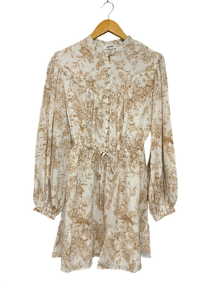MISSGUIDED |S| BUST 18| A27| CREAM & BROWN FLORAL BUTTON-FRONT LONG-SLEEVE MINI DRESS