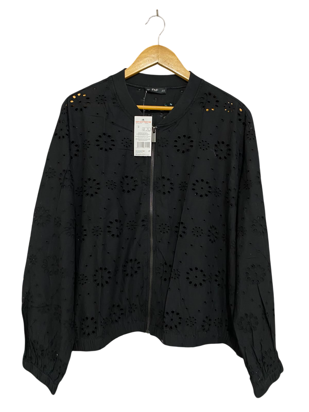 F&F |XL| BUST 24| A27| BLACK BRODERIE ANGLAISE EYELET ZIP-UP BOMBER JACKET
