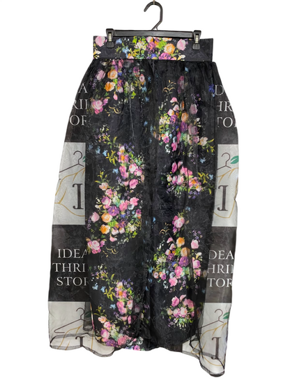 CARAMEL |L| WAIST 30| A27| BLACK & MULTICOLOR FLORAL SHEER OVERLAY MIDI SKIRT WITH MATCHING WAISTBAND