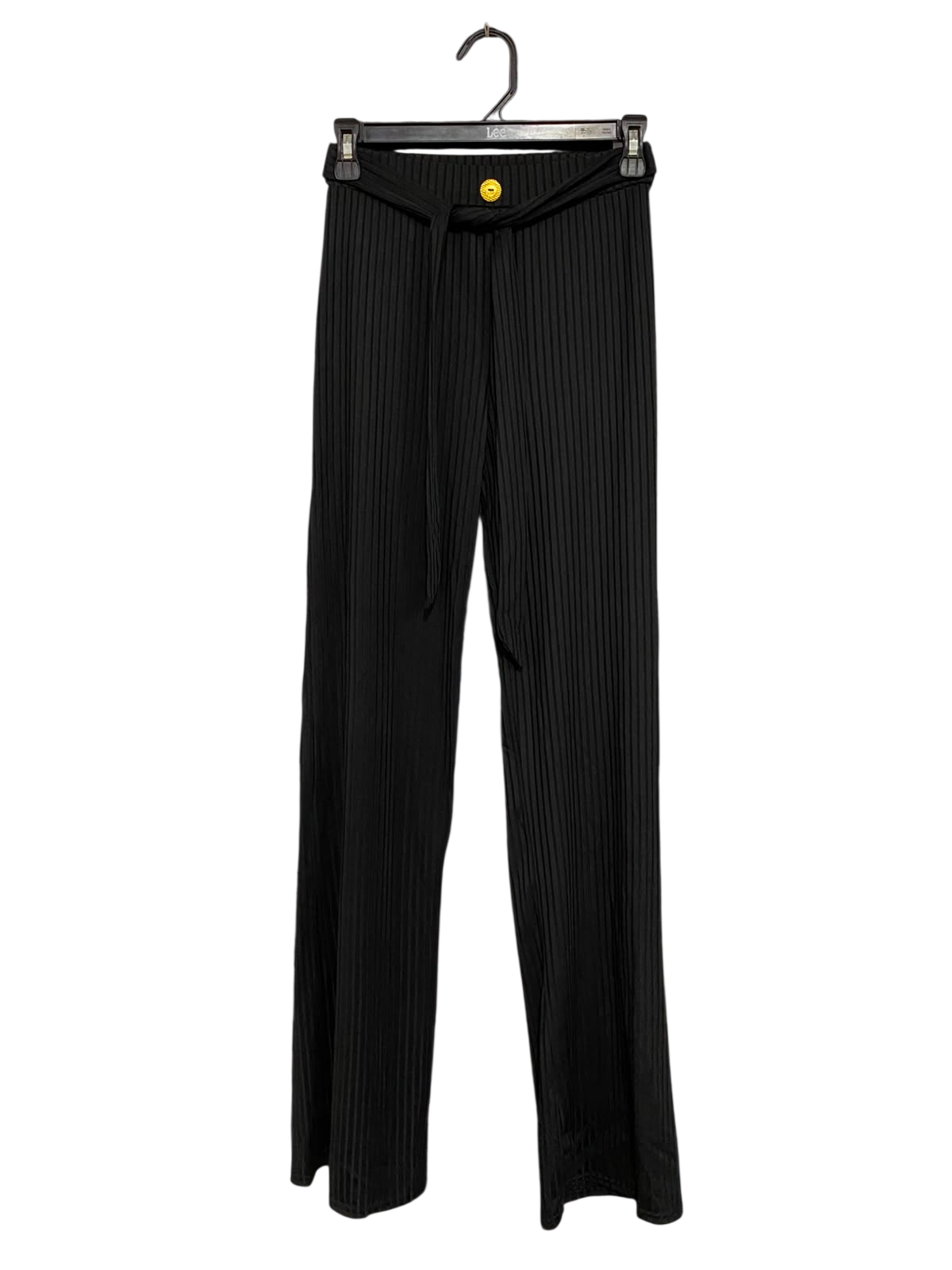 |S/M| WAIST 24| A27| CLASSIC BLACK RIBBED WIDE-LEG TROUSERS WITH TIE-BELT