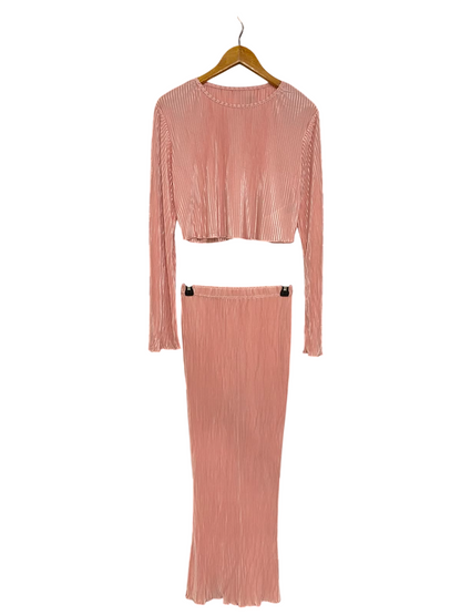 SHEIN |XS| A27| DUSTY ROSE PLISÉ PLEATED LONG-SLEEVE CROP TOP & MIDI SKIRT SET