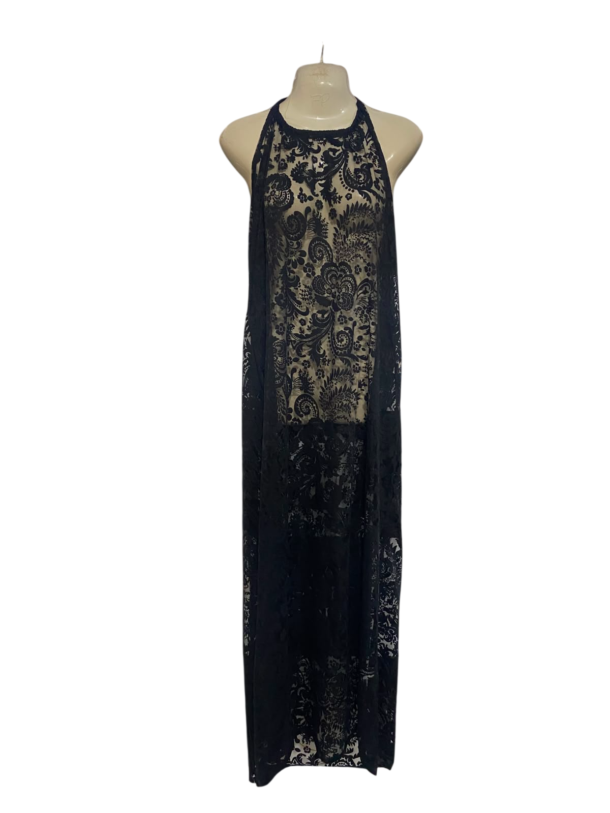 ATMOSPHERE |L| BUST 20| A27| BLACK SHEER LACE HALTER-NECK MAXI DRESS / COVER-UP