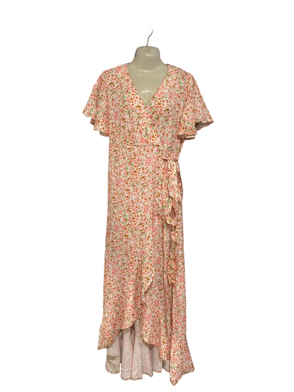 BOOHOO |M| BUST 18| A27| BLUSH PINK & ORANGE FLORAL WRAP-STYLE RUFFLE MIDI DRESS