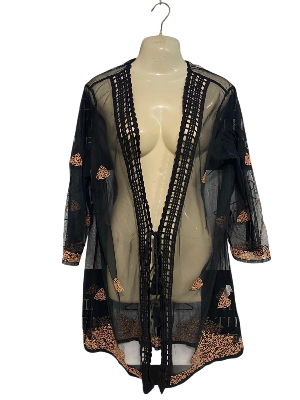 F&F |L| BUST 24| A27| BLACK & COPPER EMBROIDERED MESH OPEN-FRONT KIMONO CARDIGAN