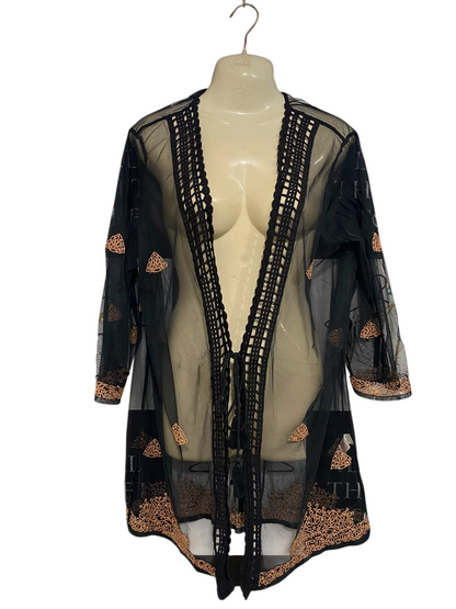 F&F |L| BUST 24| A27| BLACK & COPPER EMBROIDERED MESH OPEN-FRONT KIMONO CARDIGAN