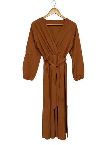 |S| BUST 16| A27| CARAMEL BROWN WRAP-STYLE LONG-SLEEVE TIE-WAIST MIDI DRESS