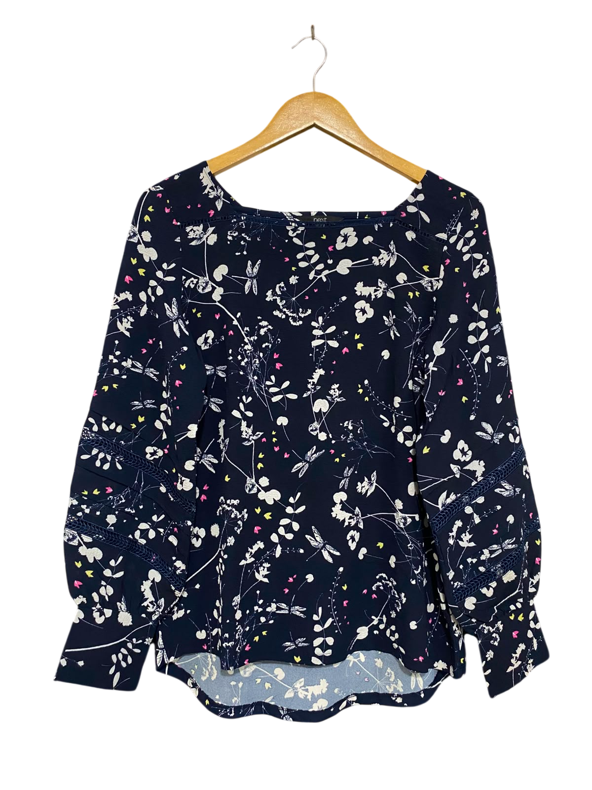 NEXT |M| BUST 19| A27| NAVY BLUE & WHITE BOTANICAL PRINT SQUARE-NECK LONG-SLEEVE BLOUSE