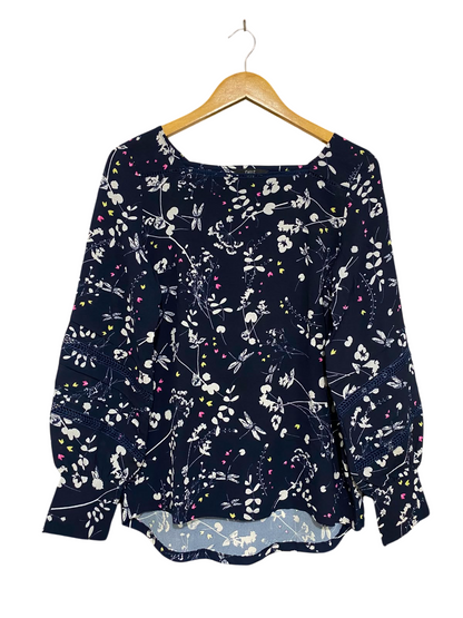 NEXT |M| BUST 19| A27| NAVY BLUE & WHITE BOTANICAL PRINT SQUARE-NECK LONG-SLEEVE BLOUSE