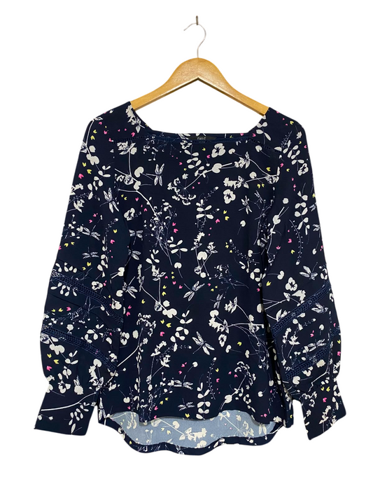 NEXT |M| BUST 19| A27| NAVY BLUE & WHITE BOTANICAL PRINT SQUARE-NECK LONG-SLEEVE BLOUSE