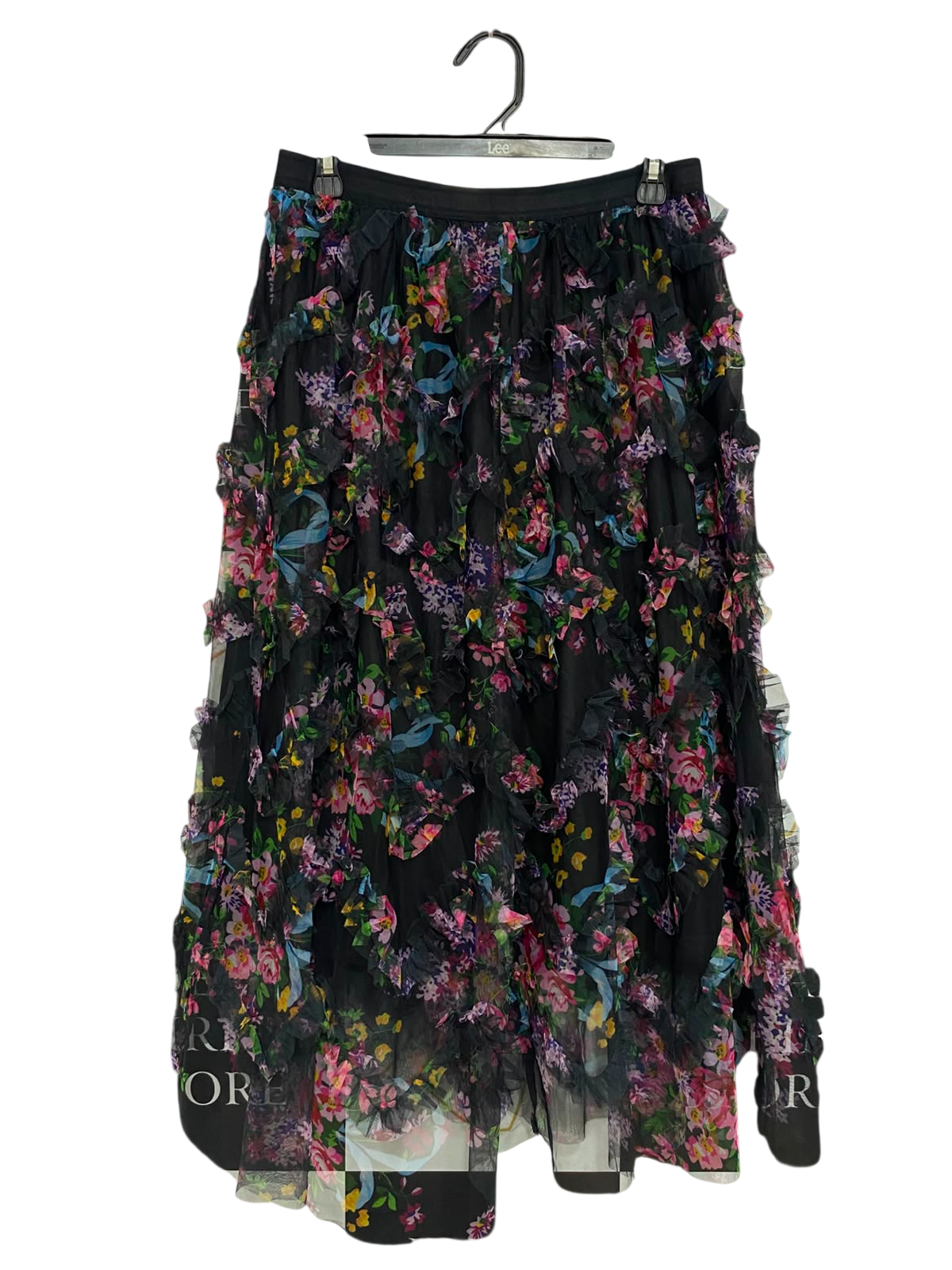 SHEIN CURVE |XL| WAIST 28| A27| BLACK & MULTICOLOR FLORAL RUFFLE MESH TIERED MIDI SKIRT