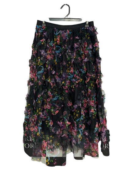 SHEIN CURVE |XL| WAIST 28| A27| BLACK & MULTICOLOR FLORAL RUFFLE MESH TIERED MIDI SKIRT
