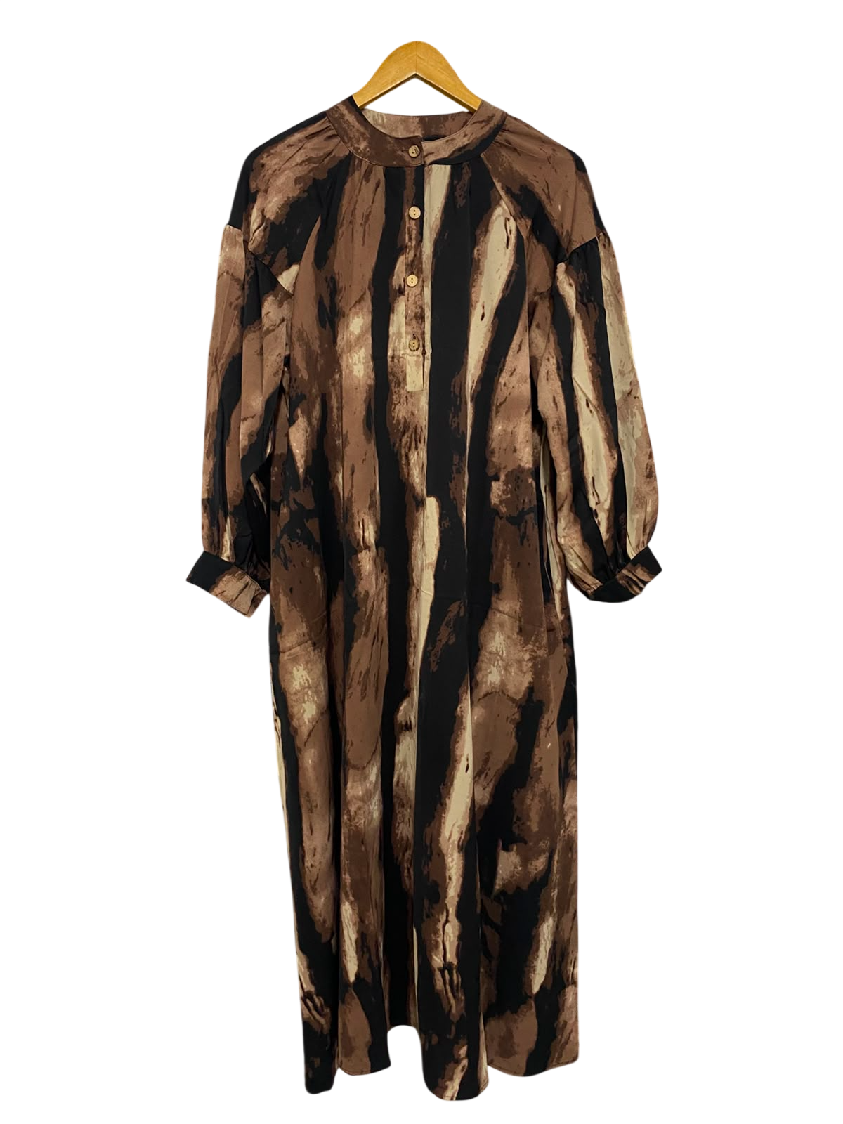 |XL| BUST 23| A28| BROWN, BLACK & CREAM ABSTRACT STRIATED PRINT LONG-SLEEVE MIDI DRESS