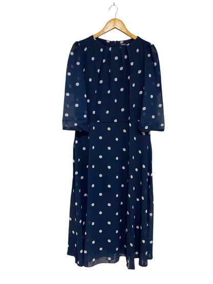 ROMAN |L| BUST 20| A28| NAVY BLUE & WHITE POLKA DOT 3/4 SLEEVE MIDI DRESS