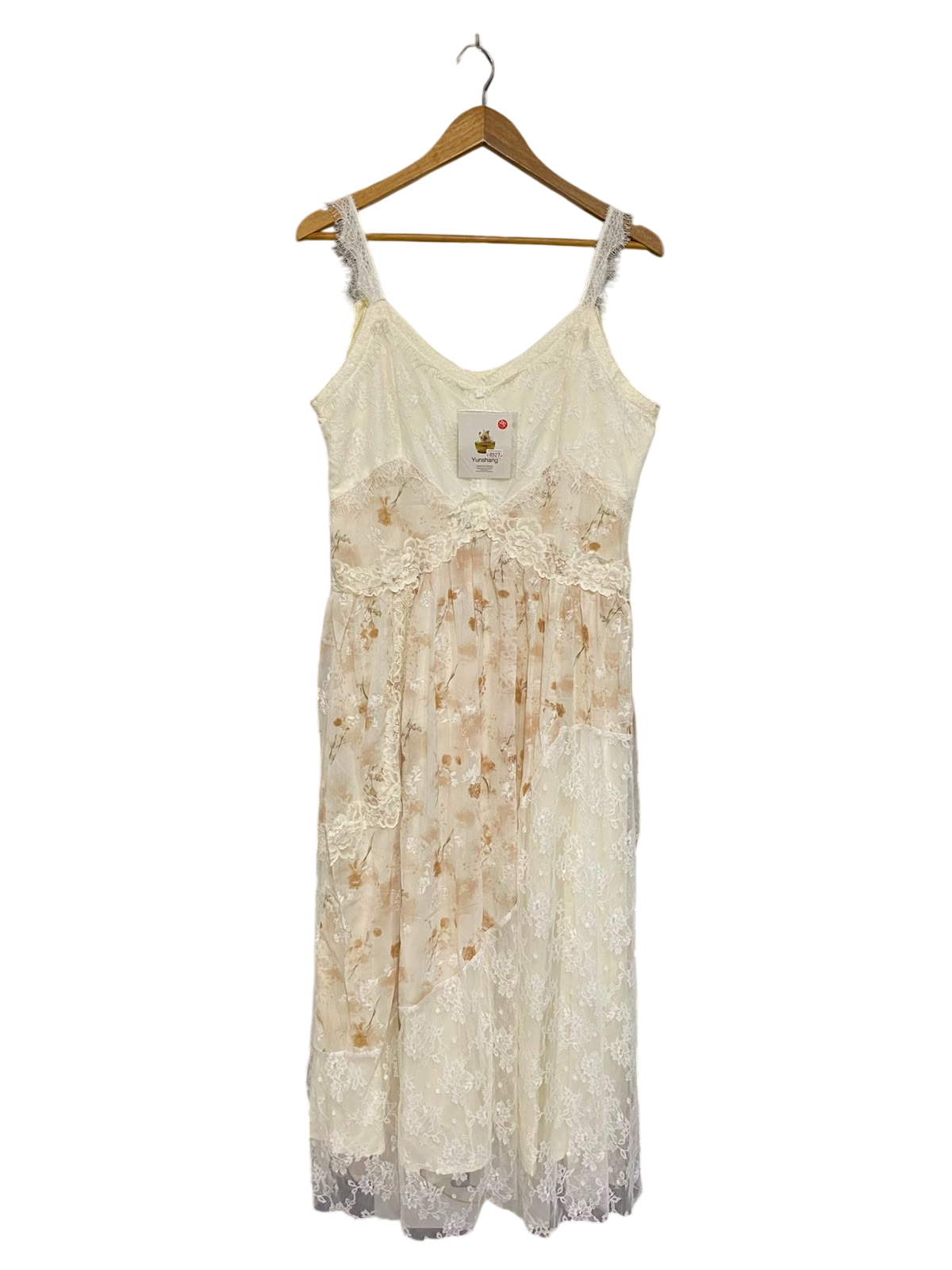 YUNSHANG |L| BUST 19| A28| CREAM & SOFT BROWN FLORAL LACE-TRIM PATCHWORK SLIP MIDI DRESS