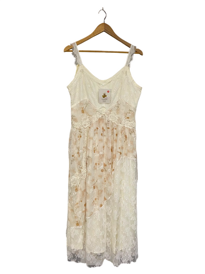 YUNSHANG |L| BUST 19| A28| CREAM & SOFT BROWN FLORAL LACE-TRIM PATCHWORK SLIP MIDI DRESS