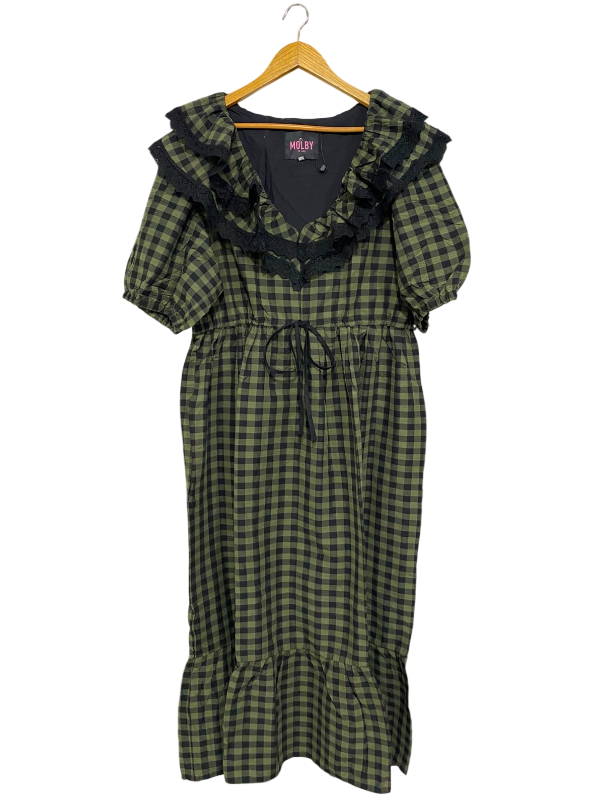 MOLBY |L| BUST 21| A28| OLIVE GREEN & BLACK GINGHAM CHECK V-NECK RUFFLE MIDI DRESS