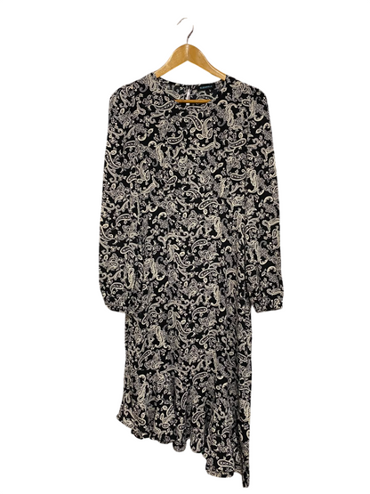 BLUE VANILLA |M| BUST 17| A28| BLACK & WHITE PAISLEY PRINT ASYMMETRIC HEM LONG-SLEEVE MIDI DRESS