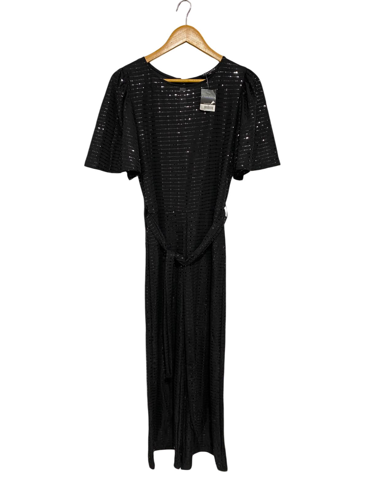 PEACOCKS |M| BUST 18| A28| BLACK SEQUIN STRIPE SHORT-SLEEVE WIDE-LEG JUMPSUIT WITH TIE WAIST