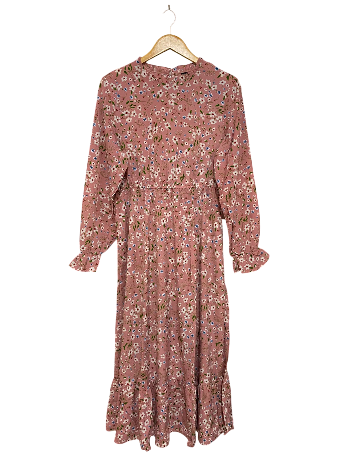 SHEIN |L| BUST 19| A28| DUSTY PINK & WHITE FLORAL PRINT RUFFLE-TRIM LONG-SLEEVE MIDI DRESS