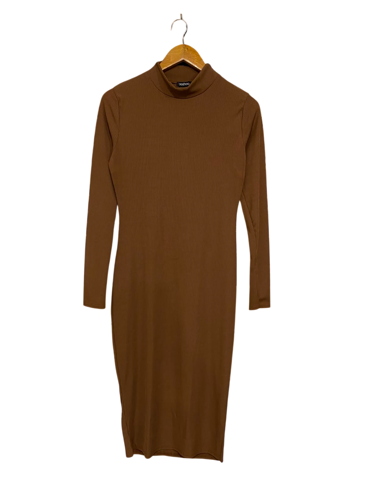 BOOHOO |M| BUST 15| A28| BROWN RIBBED MOCK NECK LONG-SLEEVE BODYCON MIDI DRESS