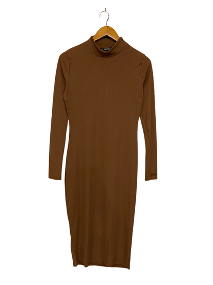 BOOHOO |M| BUST 15| A28| BROWN RIBBED MOCK NECK LONG-SLEEVE BODYCON MIDI DRESS