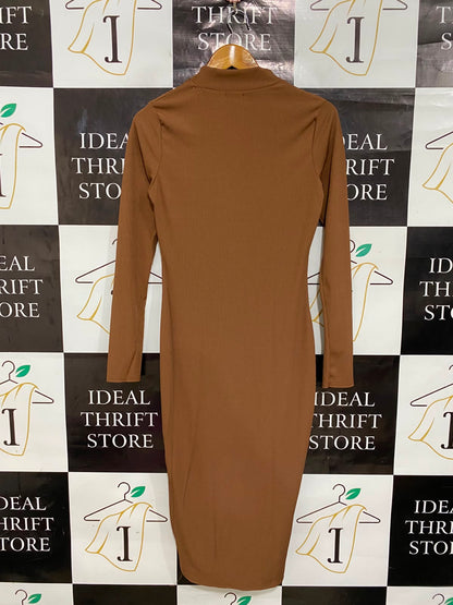 BOOHOO |M| BUST 15| A28| BROWN RIBBED MOCK NECK LONG-SLEEVE BODYCON MIDI DRESS