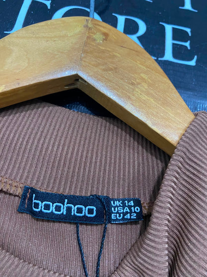 BOOHOO |M| BUST 15| A28| BROWN RIBBED MOCK NECK LONG-SLEEVE BODYCON MIDI DRESS
