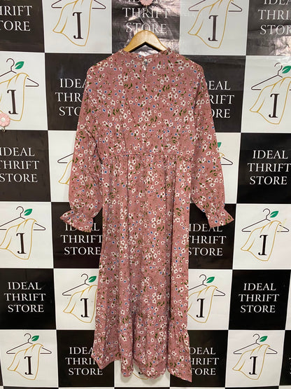 SHEIN |L| BUST 19| A28| DUSTY PINK & WHITE FLORAL PRINT RUFFLE-TRIM LONG-SLEEVE MIDI DRESS