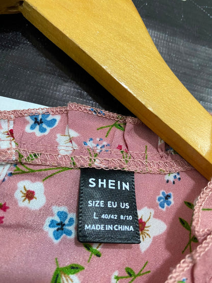 SHEIN |L| BUST 19| A28| DUSTY PINK & WHITE FLORAL PRINT RUFFLE-TRIM LONG-SLEEVE MIDI DRESS