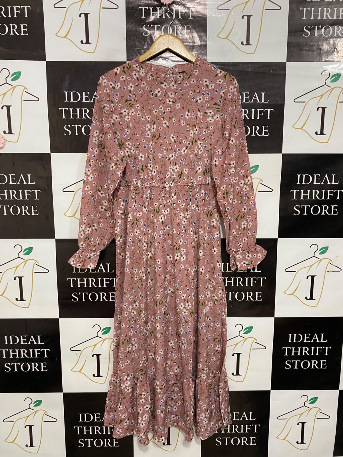 SHEIN |L| BUST 19| A28| DUSTY PINK & WHITE FLORAL PRINT RUFFLE-TRIM LONG-SLEEVE MIDI DRESS